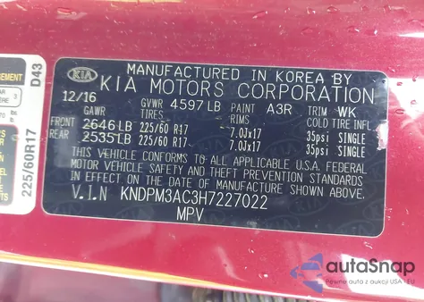 2017 Kia Sportage Lx z USA, uszkodzony, nr VIN KNDPM3AC3H7227022